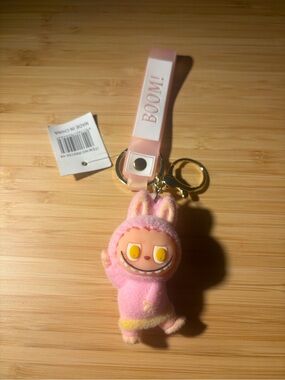 Pink Plush Bunny Keychain with 'BOOM!' Wrist Strap
